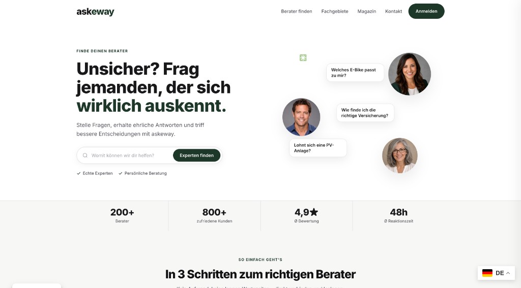 Screenshot einer Beraterplattform mit Expertensuche und Buchungsfunktion