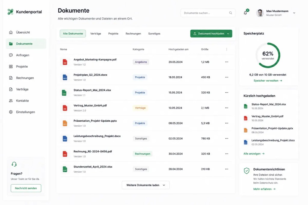 Screenshot eines Kundenportals mit Dokumentenzentrum und Self-Service